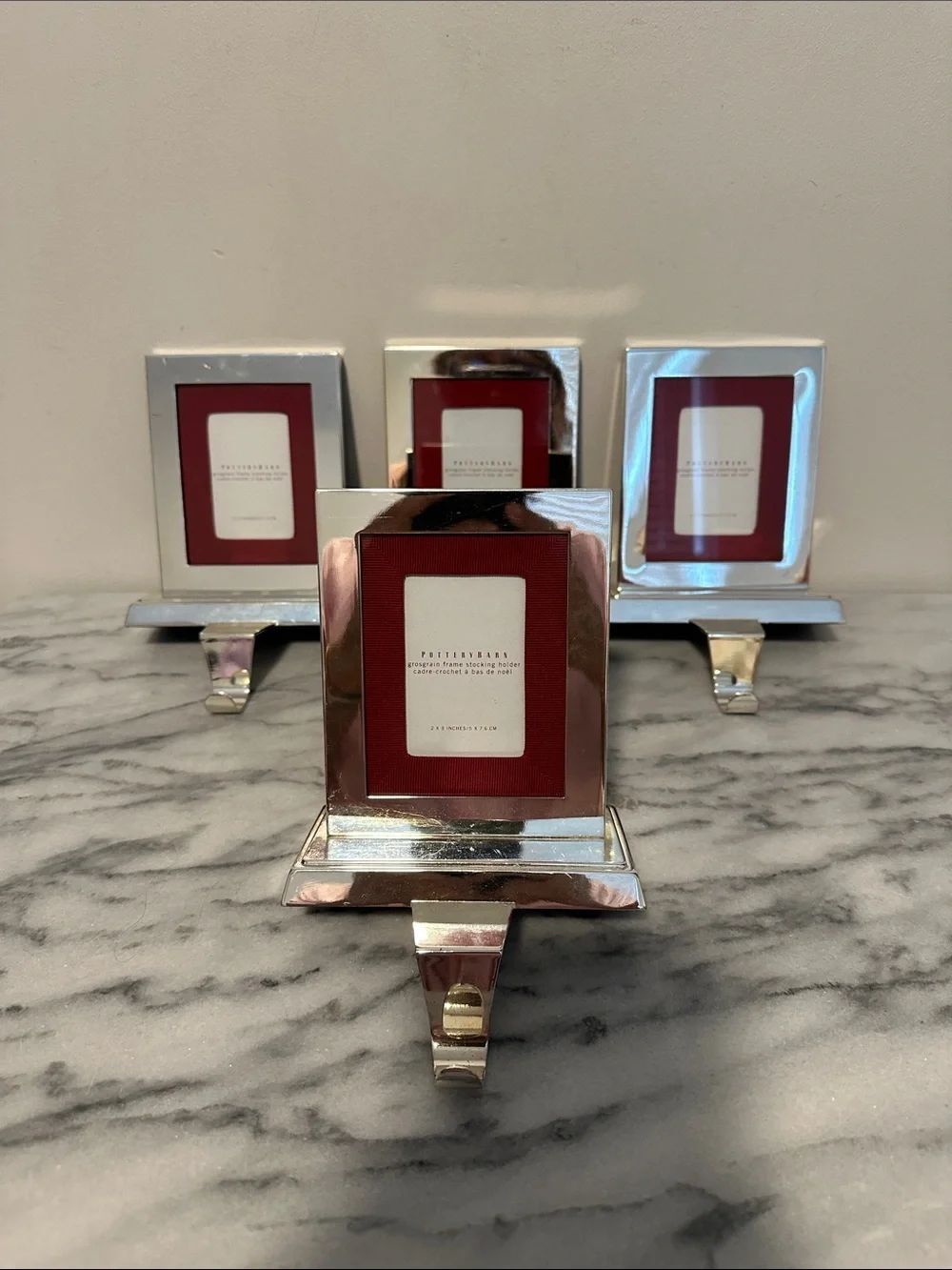Pottery Barn grosgrain silver picture frame stocking holder 1 one